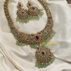 Pastel Green Bead Victorian Diamond Long Neckpiece-Red -VV571