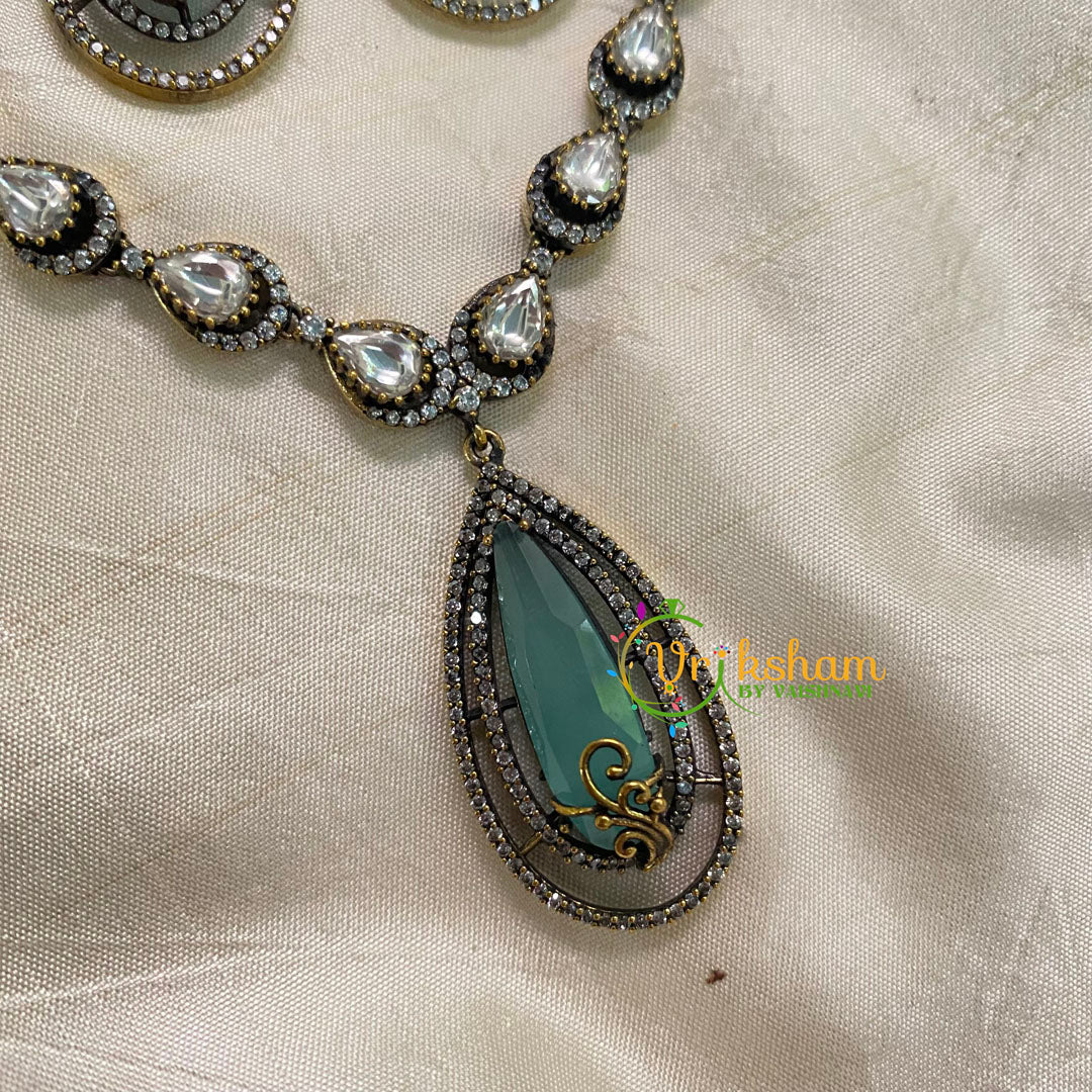 Aqua Blue Victorian Diamond Pendant Neckpiece -Bullet -VV609