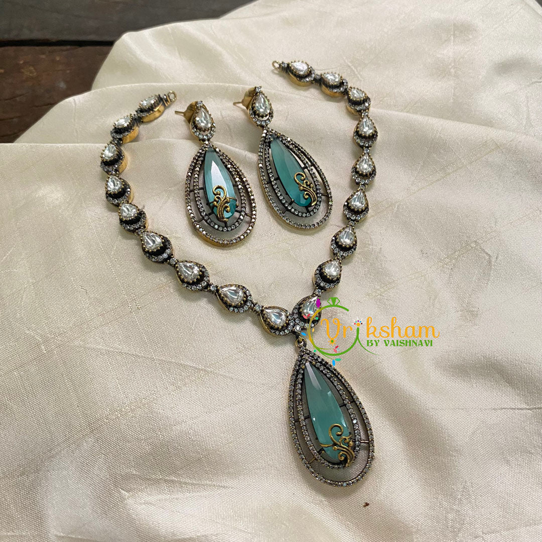 Aqua Blue Victorian Diamond Pendant Neckpiece -Bullet -VV609