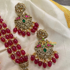 Red Bead Layered Victorian Diamond Neckpiece-Peacock -VV588