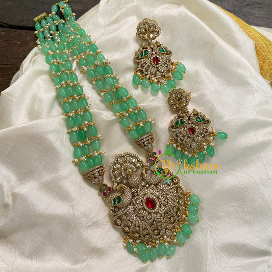 Pastel Green Bead Layered Victorian Diamond Neckpiece-Peacock -VV589