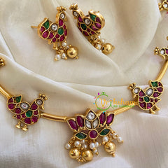 Premium AD Stone Lotus Pendant Hasli Choker-Swan-Gold Bead-G3969