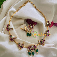 Premium AD Stone Lotus Pendant Hasli Choker-Swan-Green Bead-G3968