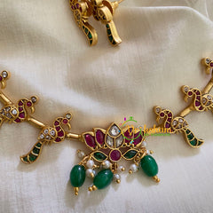 Premium AD Stone Lotus Pendant Hasli Choker-Peacock-Green Bead-G3971