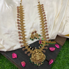 Premium AD Stone Pendant Lakshmi Haram-Green Bead-G5349