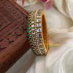 Green White Glossy Silk Thread Kundan Kada Bangle-Square Tilak -G8640