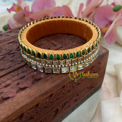 Green White Glossy Silk Thread Kundan Kada Bangle-Square Tilak -G8640