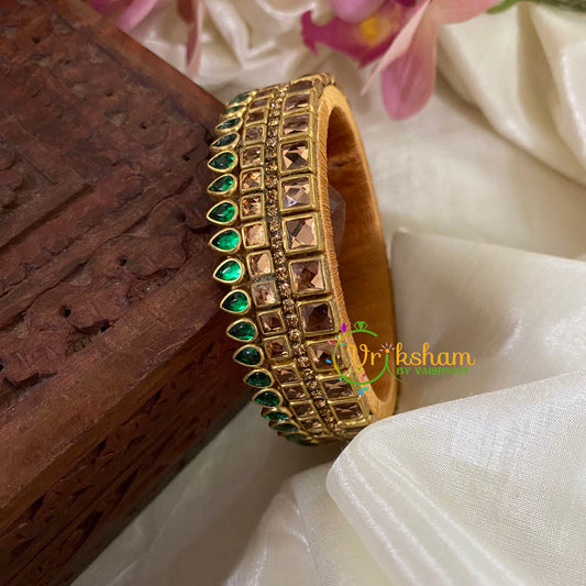 Green Brown Glossy Silk Thread Kundan Kada Bangle-Square Tilak -G8636