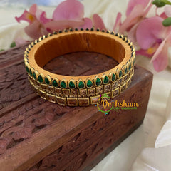 Green Brown Glossy Silk Thread Kundan Kada Bangle-Square Tilak -G8636