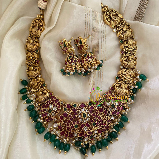 Precious AD Stone Bridal Short Neckpiece-Green Bead -G3995