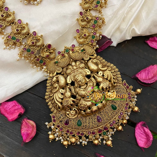 Traditional Lakshmi Pendant Maanga Peacock Neckpiece-Gold Pearl-G5351