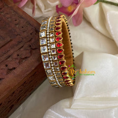 Red White Glossy Silk Thread Kundan Kada Bangle-Square Tilak -G8637