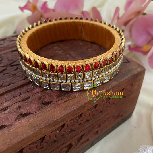 Red White Glossy Silk Thread Kundan Kada Bangle-Square Tilak -G8637