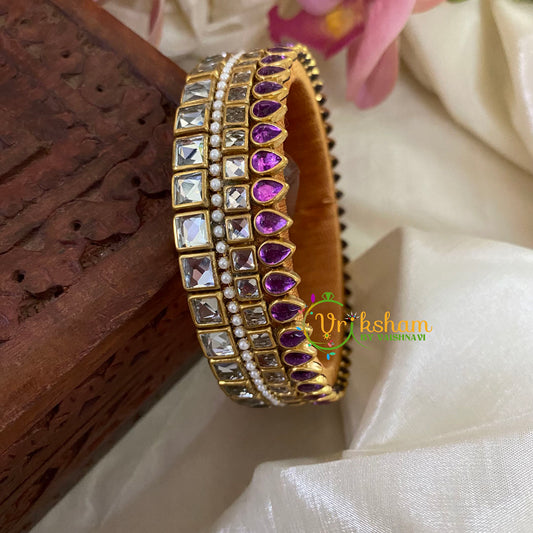 Purple White Glossy Silk Thread Kundan Kada Bangle-Square Tilak -G8638