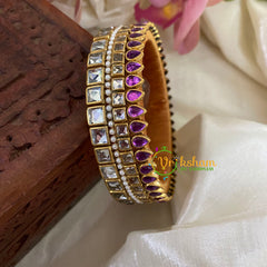 Purple White Glossy Silk Thread Kundan Kada Bangle-Square Tilak -G8638