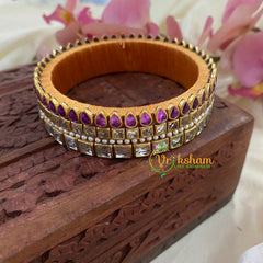 Purple White Glossy Silk Thread Kundan Kada Bangle-Square Tilak -G8638