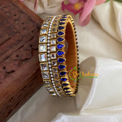 Blue White Glossy Silk Thread Kundan Kada Bangle-Square Tilak -G8641