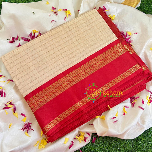 Half White with Red Silk Cotton Saree-VS401