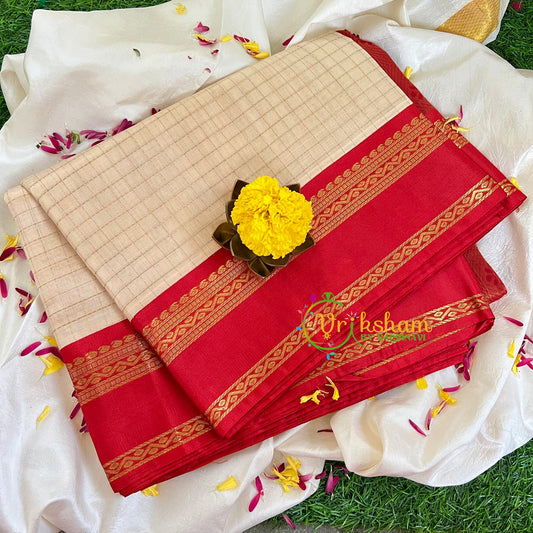 Half White with Red Silk Cotton Saree-VS401