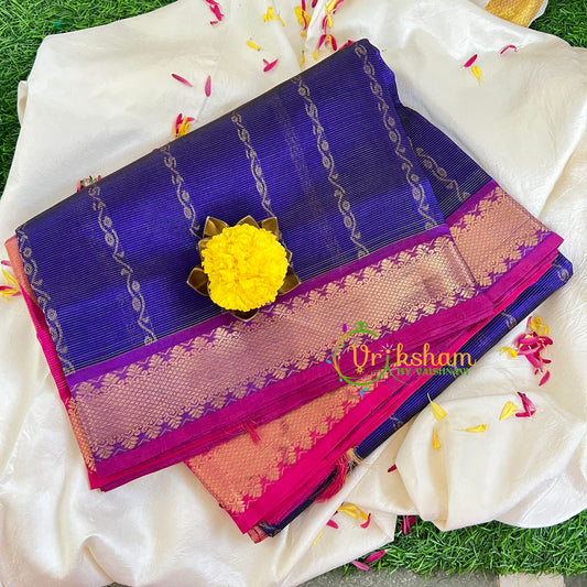 Ink Blue Blue with Pink Vairaoosi Silk Cotton Saree-VS403