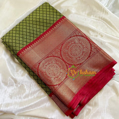 Olive Green with Red Border Saree -Kora Muslin Saree-VS501