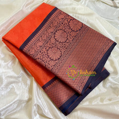 Orange with Blue Kora Muslin Saree-VS503