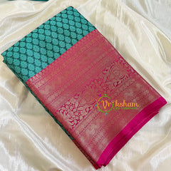 Aqua Green with Pink Kora Muslin Saree-VS509