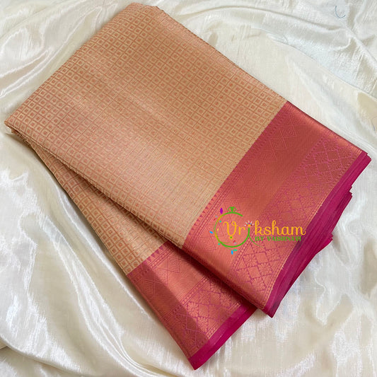 Metallic Beige with Pink Kora Muslin Saree-VS520