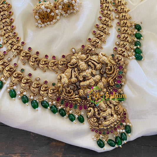 Premium AD Stone Lakshmi Haram with Mogappu-Green Bead-G7422