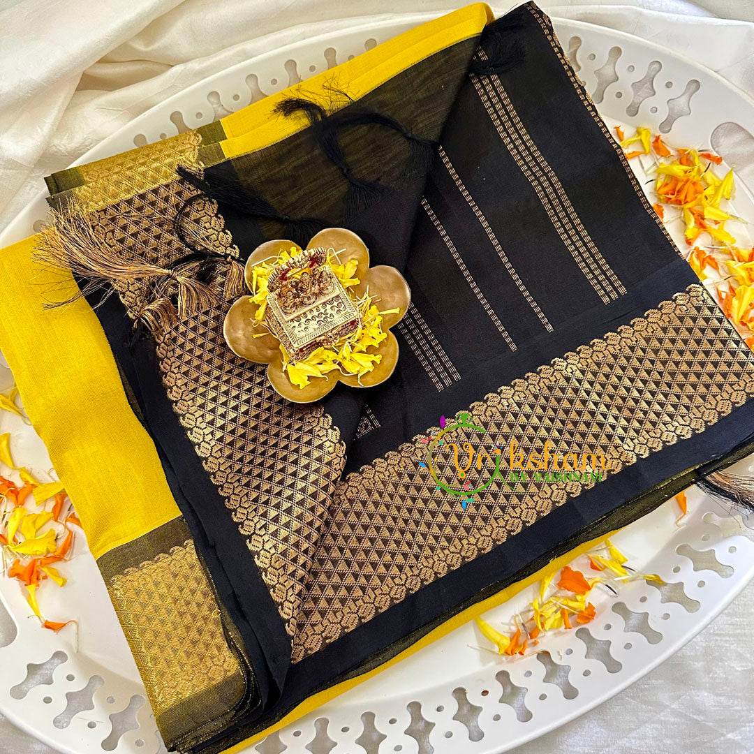 Yellow with Black Silk Cotton Saree -VS1516