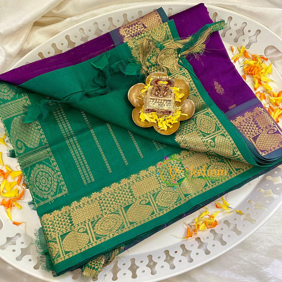 Purple with Green Silk Cotton Saree -VS1500