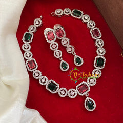 Red Green American Diamond Neckpiece with Tear Drop Pendant-g3232
