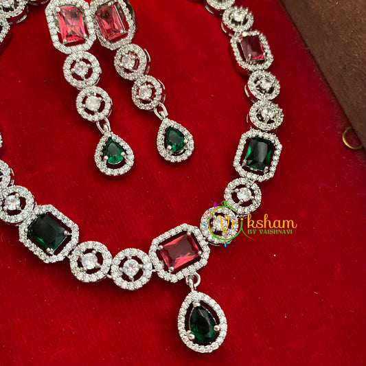 Red Green American Diamond Neckpiece with Tear Drop Pendant-g3232