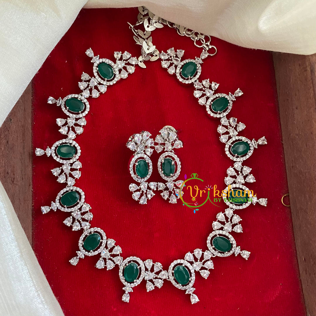 White Tone American Diamond Bridal Choker-Green-G3305