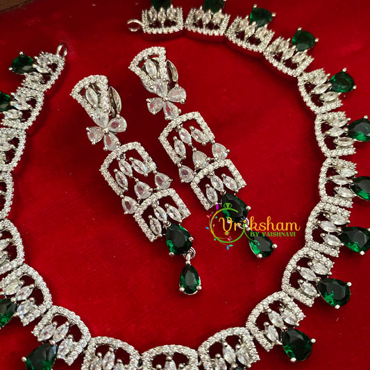 White Tone American Diamond Choker-Green Tear Drop-G3278