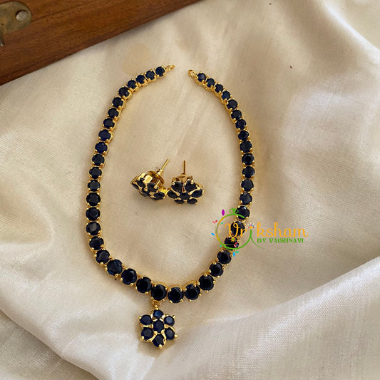 Simple Gold AD Stone Choker with Flower Pendant-Blue-G3200