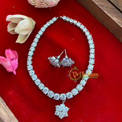 Simple White Tone American Diamond Choker with Flower Pendant-G3202