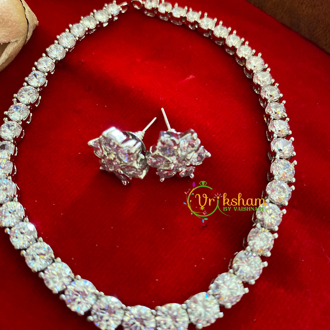 Simple White Tone American Diamond Choker with Flower Pendant-G3202