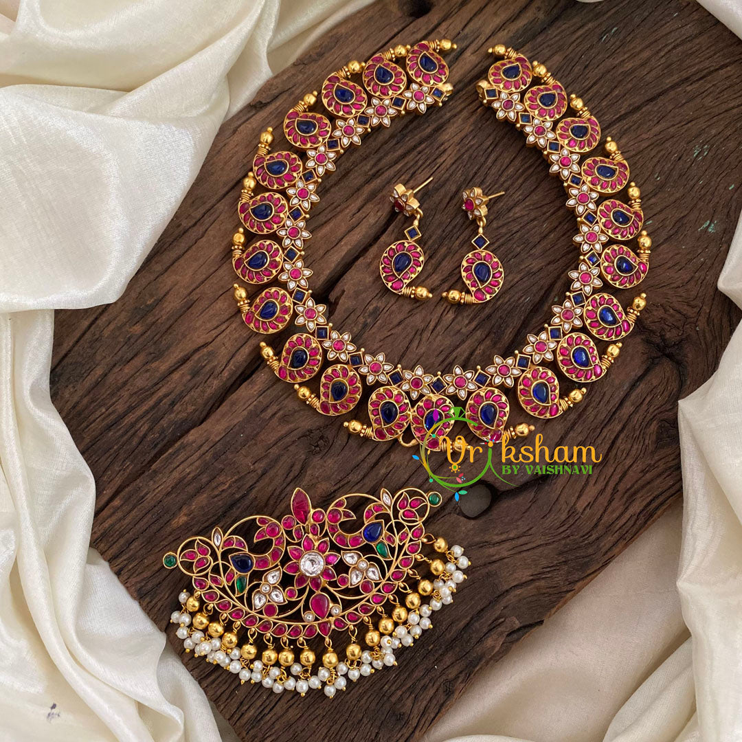 Two in One Removable Pendant Jadau Kundan Maanga Short Neckpiece -Pink Blue-J1196