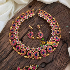 Two in One Removable Pendant Jadau Kundan Maanga Short Neckpiece -Pink Blue-J1196