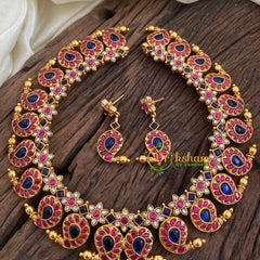 Two in One Removable Pendant Jadau Kundan Maanga Short Neckpiece -Pink Blue-J1196