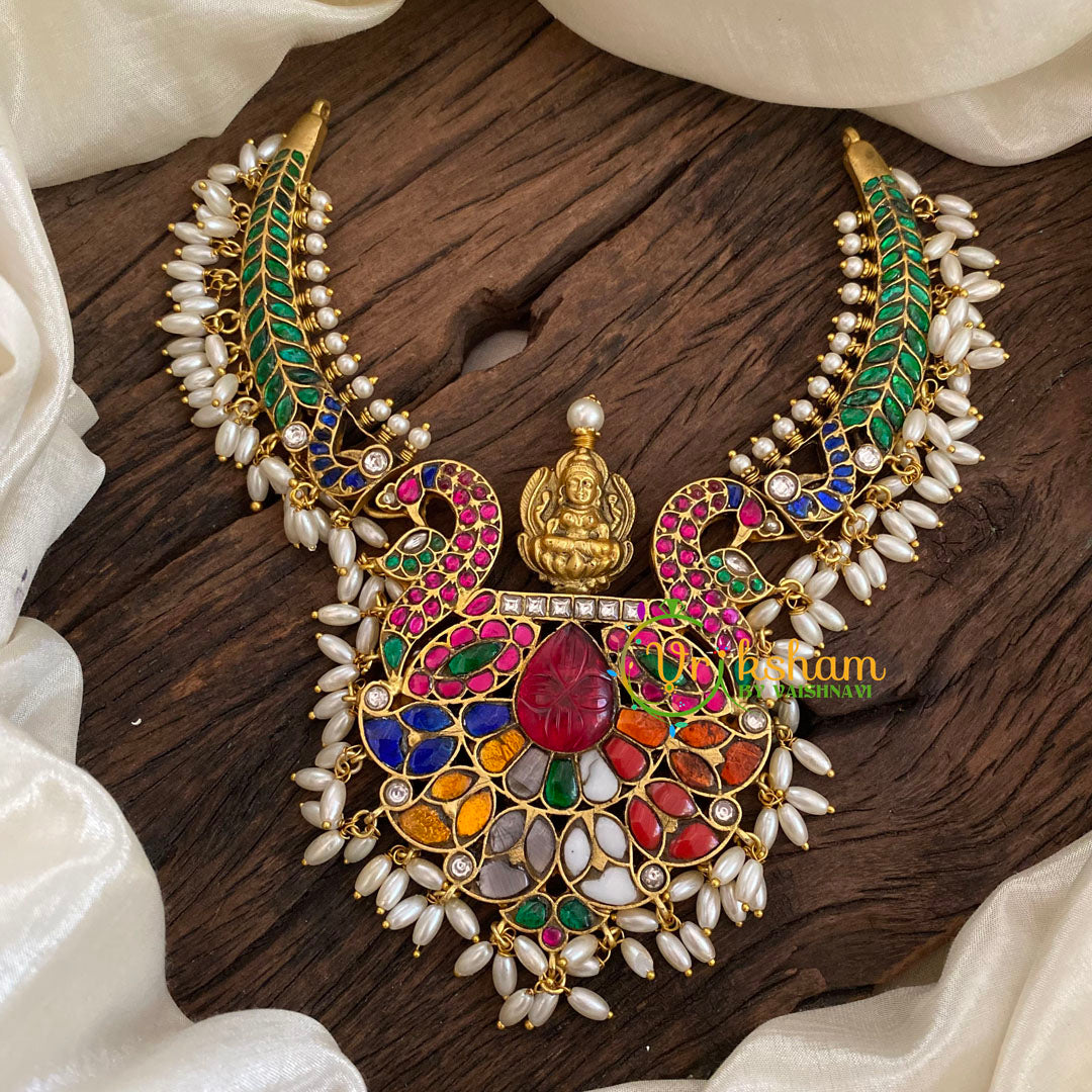 Multicolor Jadau Kundan Guttapusalu Choker Neckpiece -Navarathna-J1121