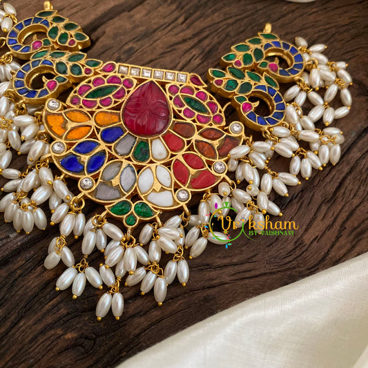 Multicolor Jadau Kundan Guttapusalu Choker Neckpiece -Navarathna -J1123