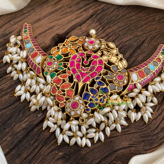 Multicolor Jadau Kundan Guttapusalu Choker Neckpiece -Navarathna-J1124