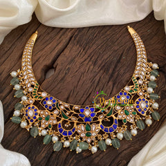 Pastel Green Jadau Kundan Choker Short Neckpiece-Blue Green -J1155