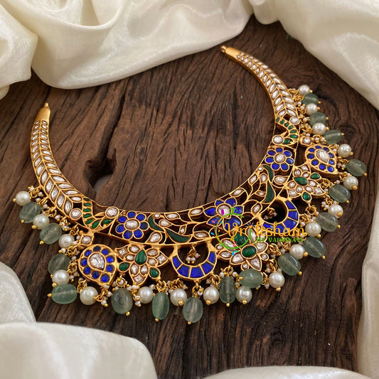 Pastel Green Jadau Kundan Choker Short Neckpiece-Blue Green -J1155