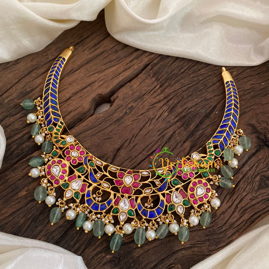 Pastel Green Jadau Kundan Choker Short Neckpiece-Blue Pink -J1154