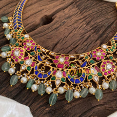 Pastel Green Jadau Kundan Choker Short Neckpiece-Blue Pink -J1154