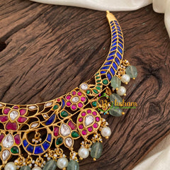 Pastel Green Jadau Kundan Choker Short Neckpiece-Blue Pink -J1154