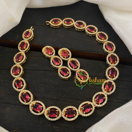 Gold American Diamond Choker Short Neckpiece -Red -G6563